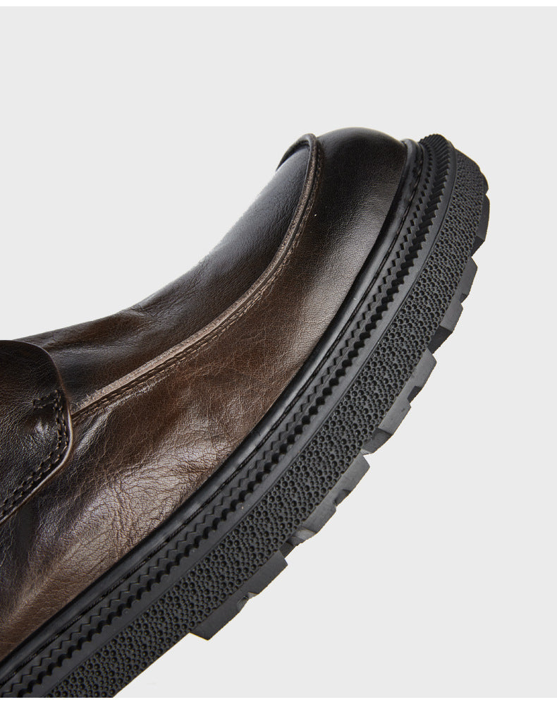 Men's Shoes Leather Round Head Breathable Retro British Casual Leather Shoes